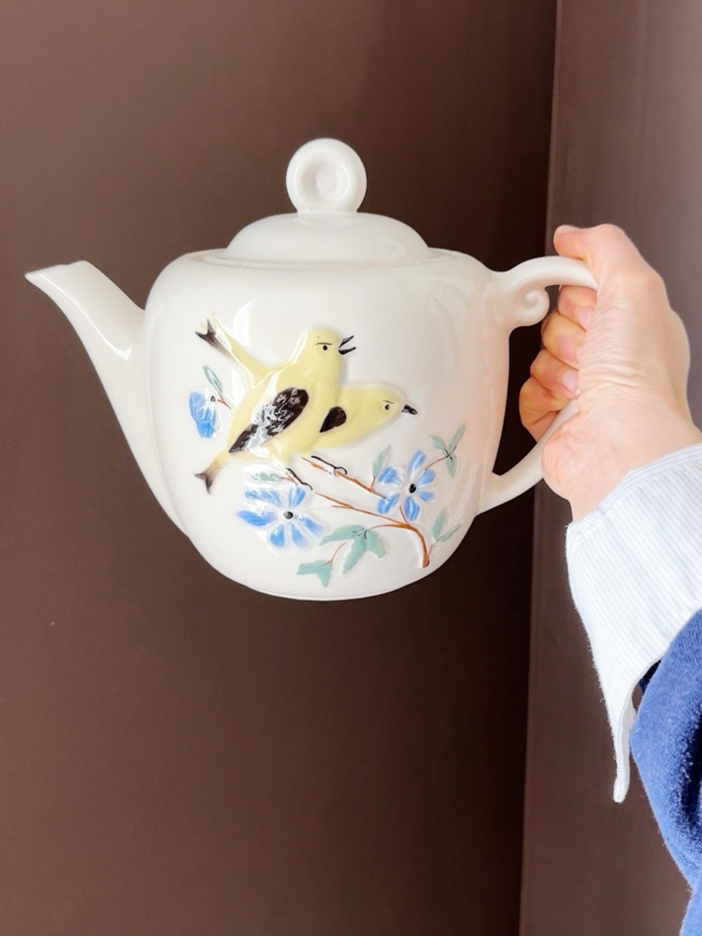 White Ceramic Teapot with Yellow Bird Motif